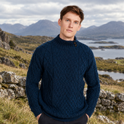 Moyne Mens Aran Navy Sweater with Button Collar