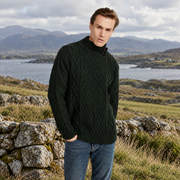 Moyne Mens Aran Forest Green Sweater with Button Collar