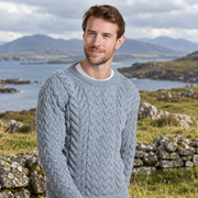 Omey Mens Aran Crew Neck Light Blue Sweater
