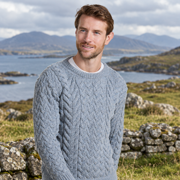 Omey Mens Aran Crew Neck Light Blue Sweater