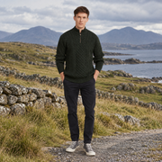 Ballycroy Mens Aran Half Zip Forest Green Sweater