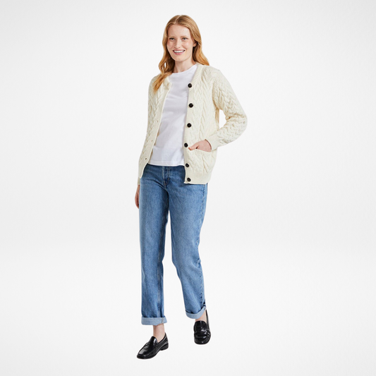 Cleggan Ladies Aran Crew Neck Cardigan