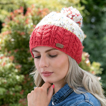 Uneven Wool Bobble Hat Flecked Raspberry