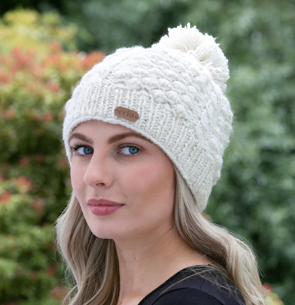 Aran Cable Blackberry Bobble Hat White