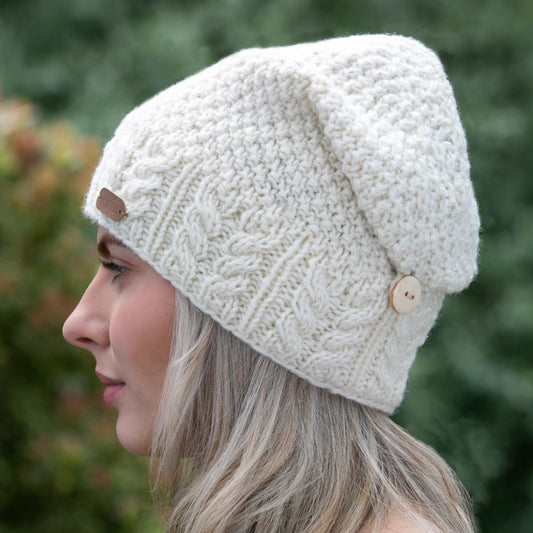 Floppy Button Down Hat with an Aran Cable Band White