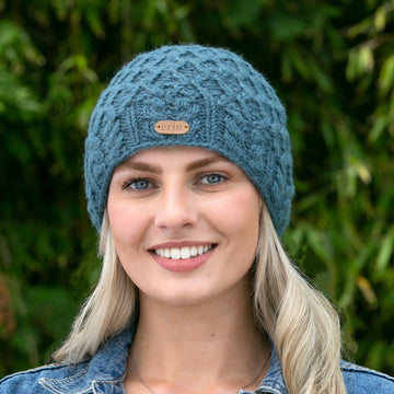 Aran Diamond Pullon Hat with Cable Band Denim Blue