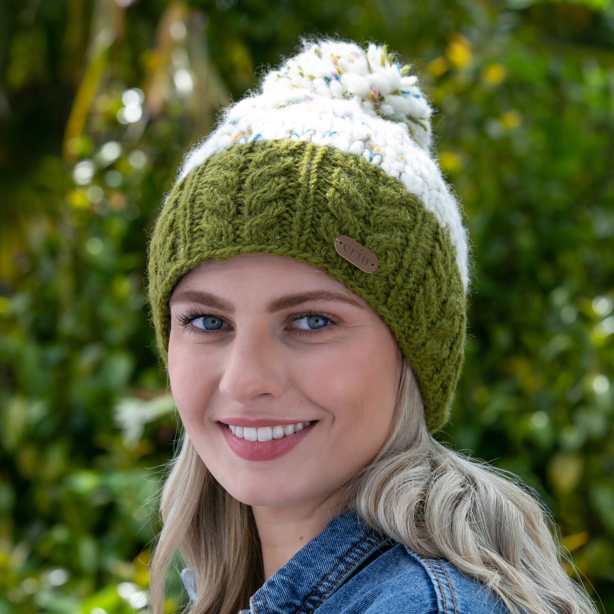 Uneven Wool Bobble Hat Flecked Green