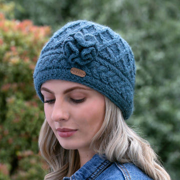 Aran Trellis Design Pullon Hat Denim Blue