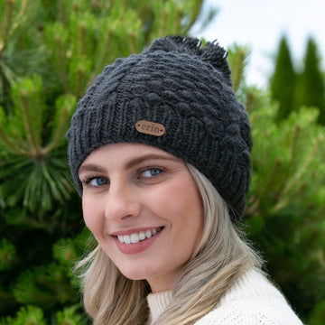 Aran Cable Blackberry Bobble Hat Charcoal