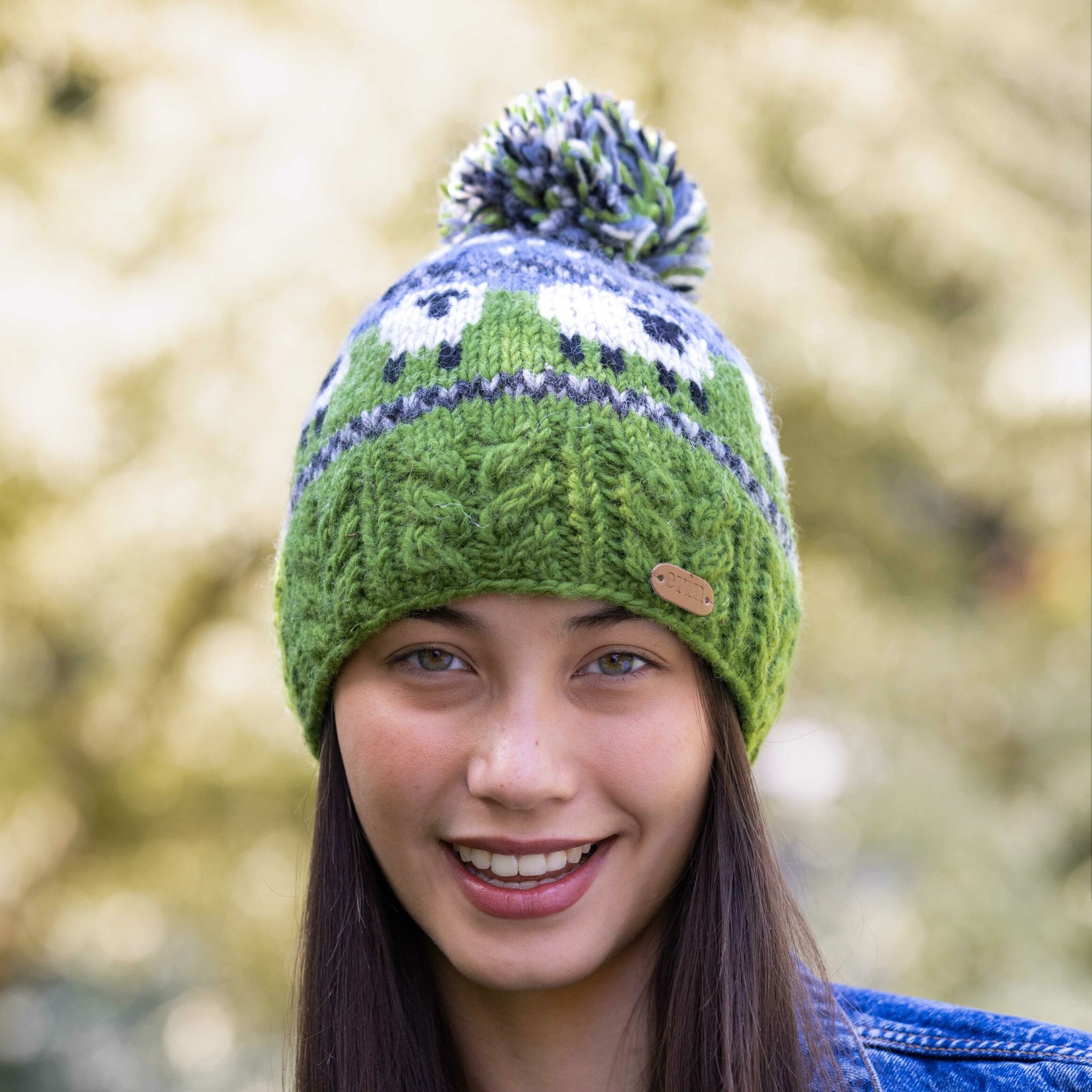 Sheep Bobble Hat with Aran Cable Band in Blue and Green