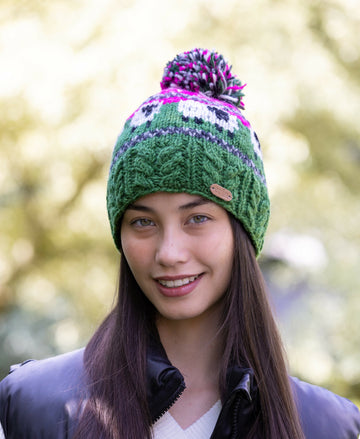 Sheep Bobble Hat with Aran Cable Band in Pink and Dark Green