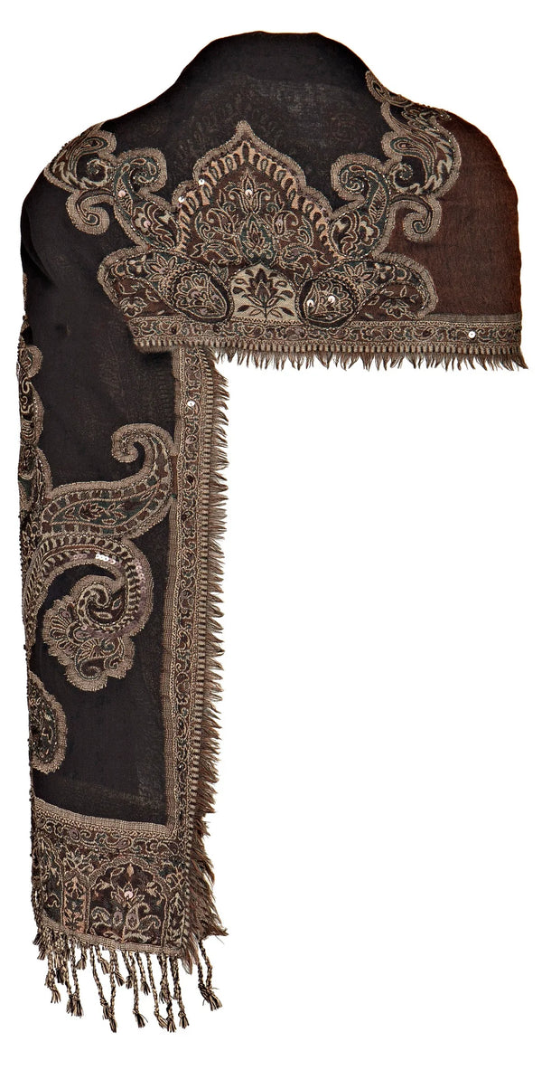 Jimmy Hourihan Black / Tan Beaded Stole with Paisley Motif,wrap