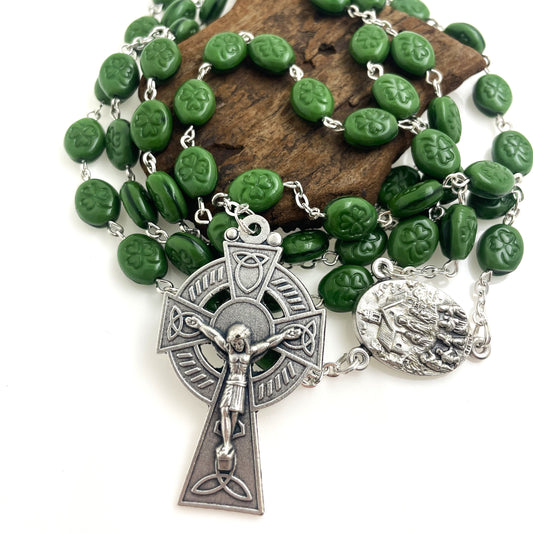 Gilt Shamrock Rosary Beads With Knock Water Center
