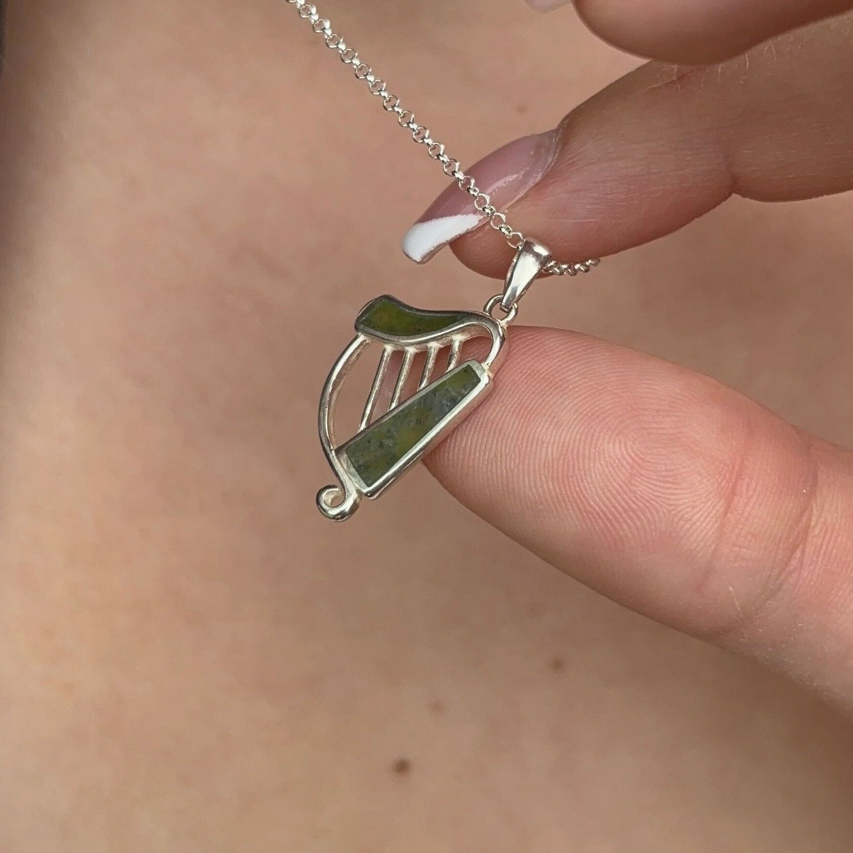 Irish Harp Connemara Marble Silver Pendant