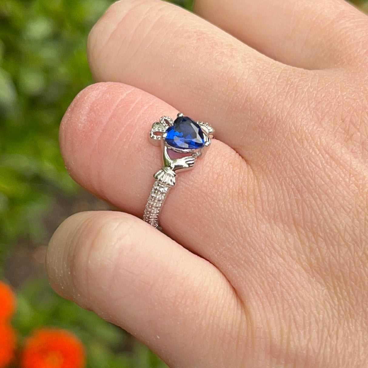 September Birthstone Silver Claddagh Ring