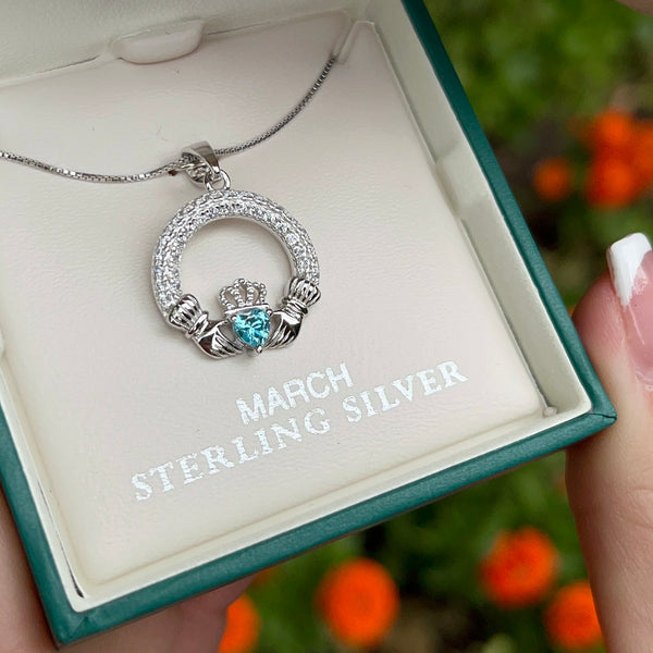 March Birthstone Claddagh Pendant