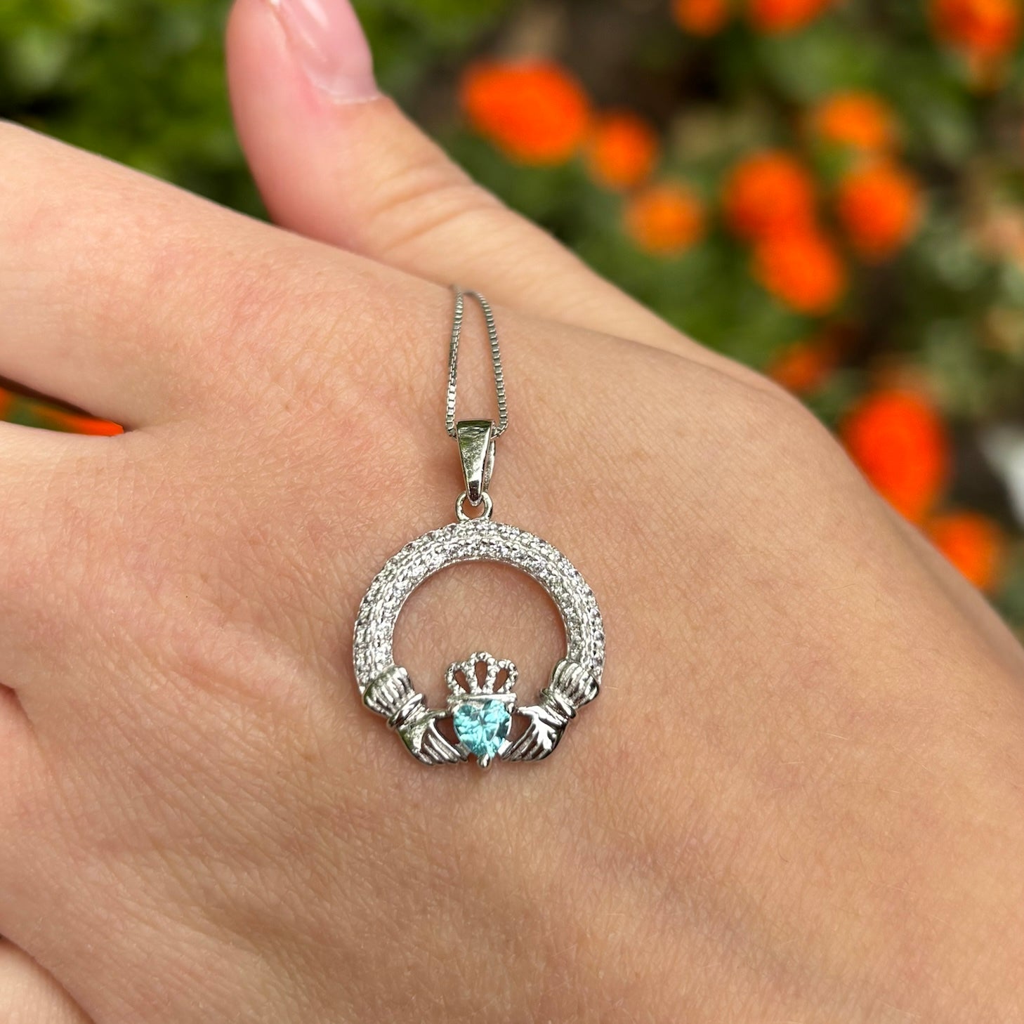 March Birthstone Aquamarine Silver Claddagh Pendant