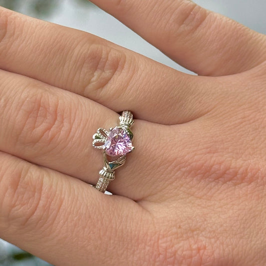 October Birthstone Silver Claddagh Ring