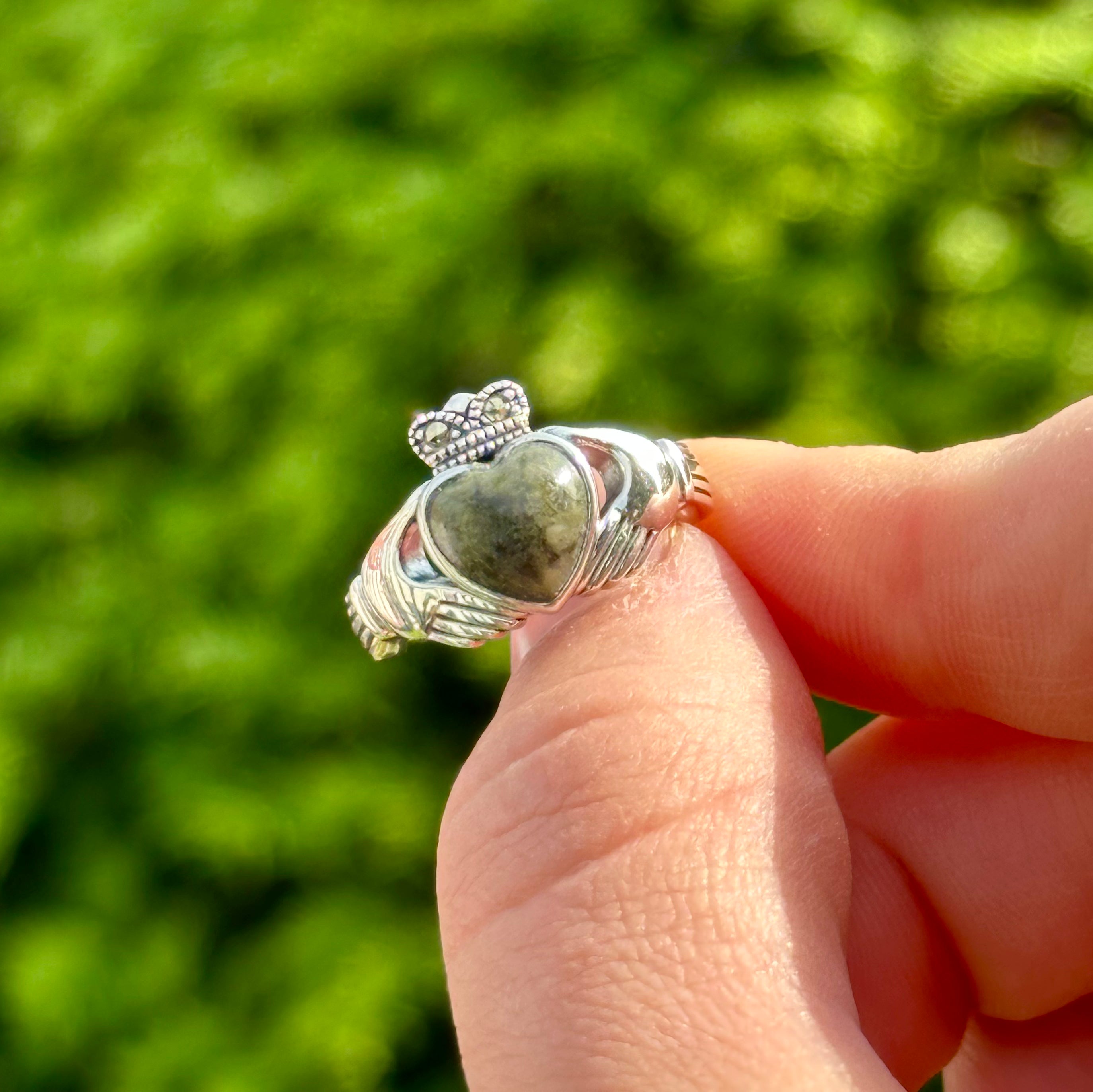 Connemara Marble and Marcasite Claddagh Ring