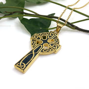 18k Gold Coated Heavy Celtic Cross Necklace Black Grooving