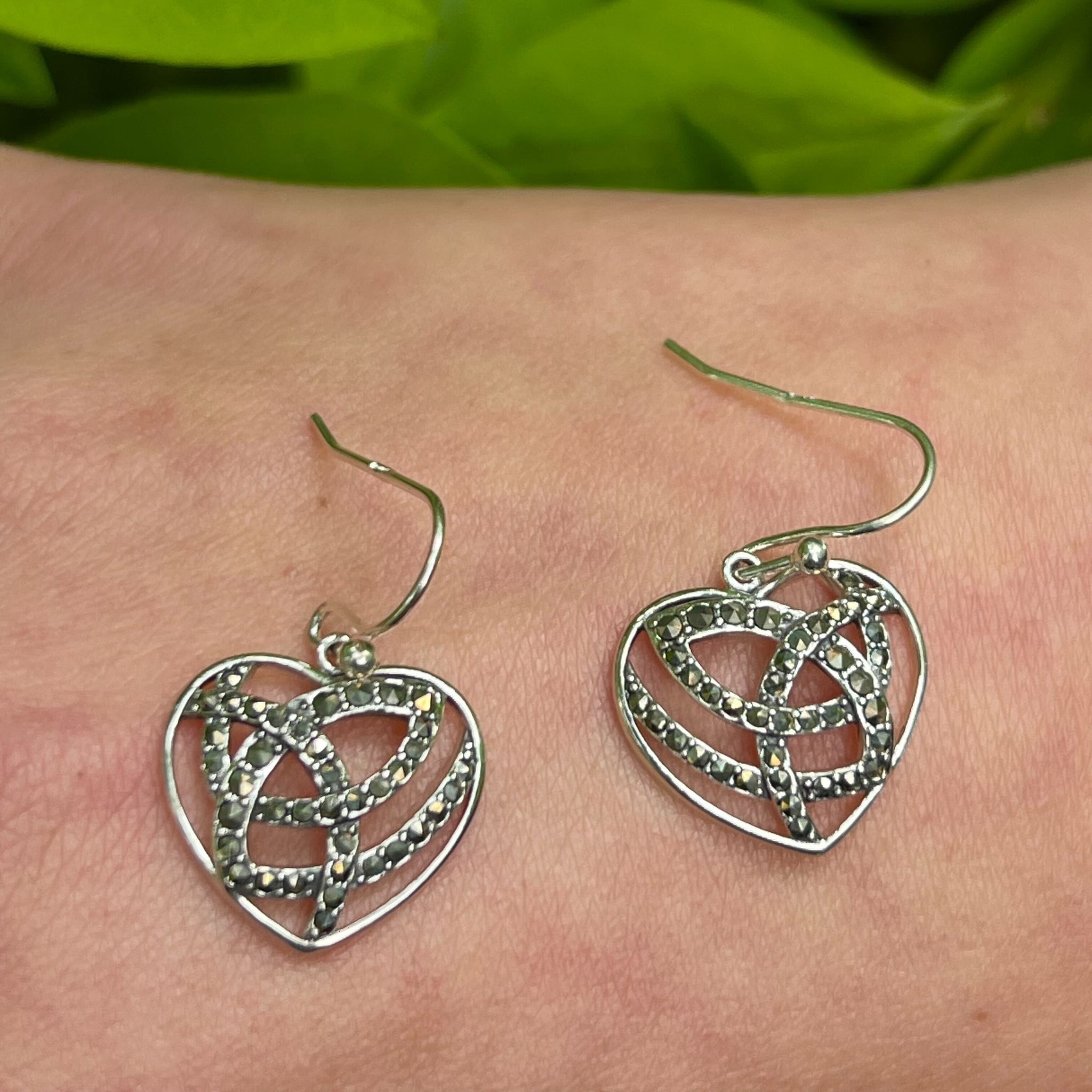 Marcasite Heart Trinity Knot Silver Earrings