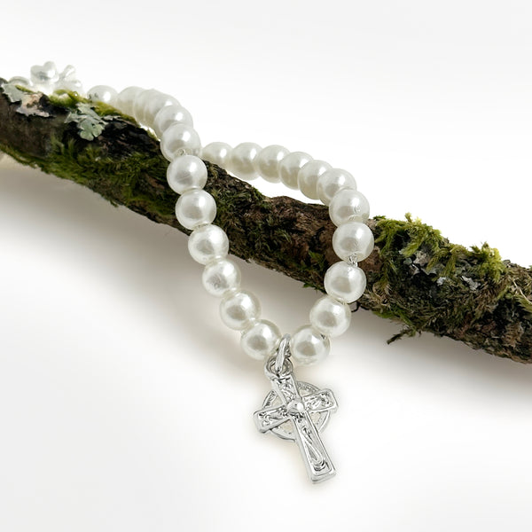 Rhodium Plated Pearl and Cross Bracelet