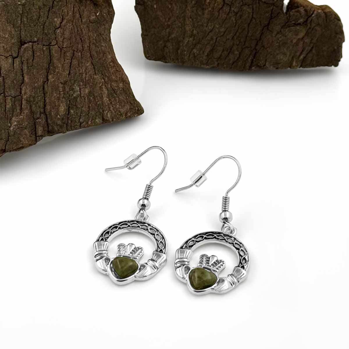 Rhodium Celtic Marble Claddagh Drop Earrings