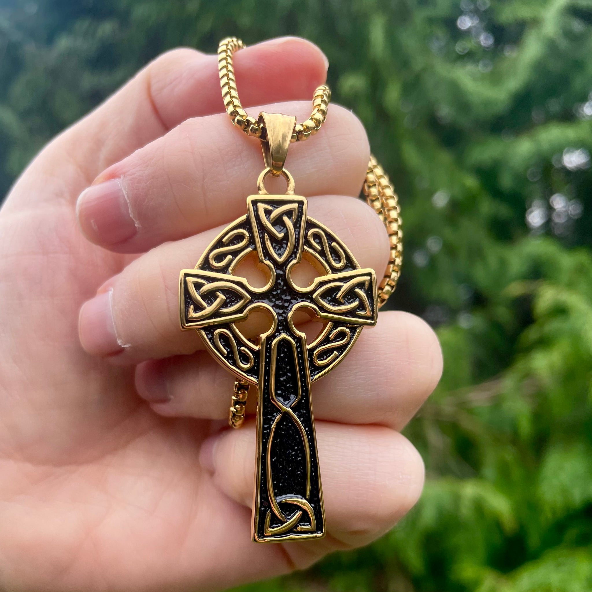 18k Gold Coated Heavy Celtic Cross Necklace Black Grooving