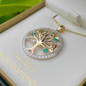 14K Gold Diamond and Emerald Tree of Life Pendant