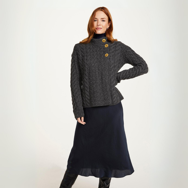 Louisburgh Ladies Cable Aran Charcoal Cardigan