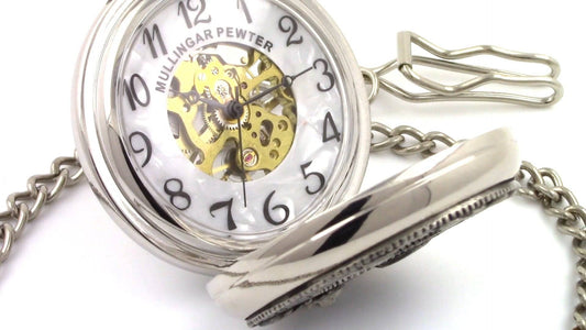 Mullingar Pewter Mechanical Pocket Watch with Shamrock Design