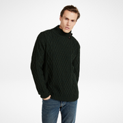 Moyne Mens Aran Forest Green Sweater with Button Collar