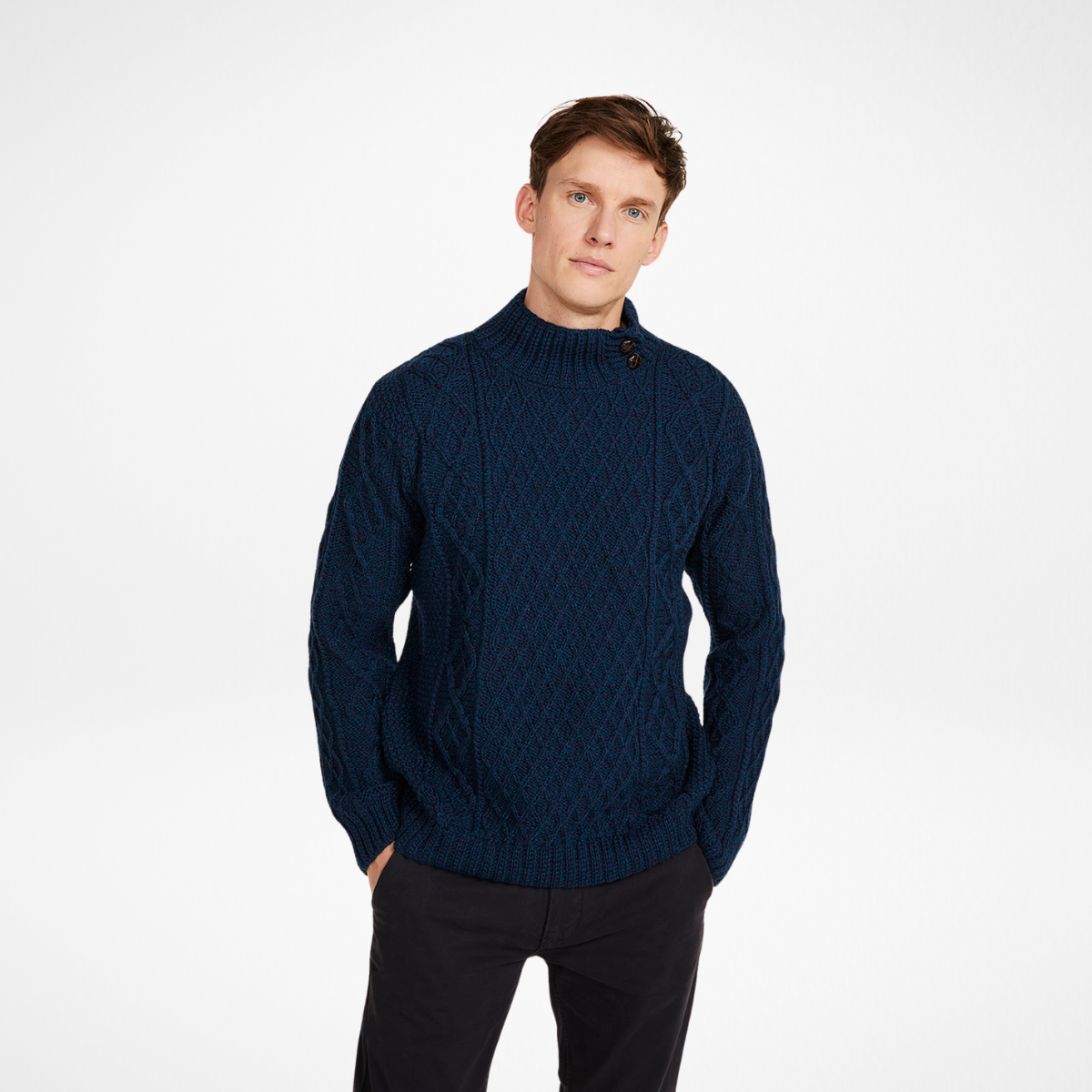 Moyne Mens Aran Sweater with Button Collar