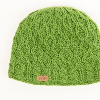 Aran Diamond Pullon Hat with Cable Band Green
