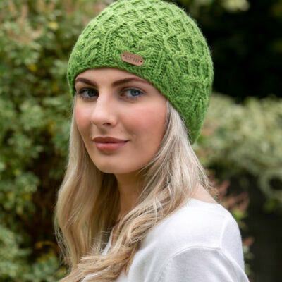 Aran Diamond Pullon Hat with Cable Band Green