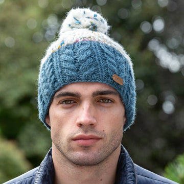 Uneven Wool Bobble Hat Flecked Denim