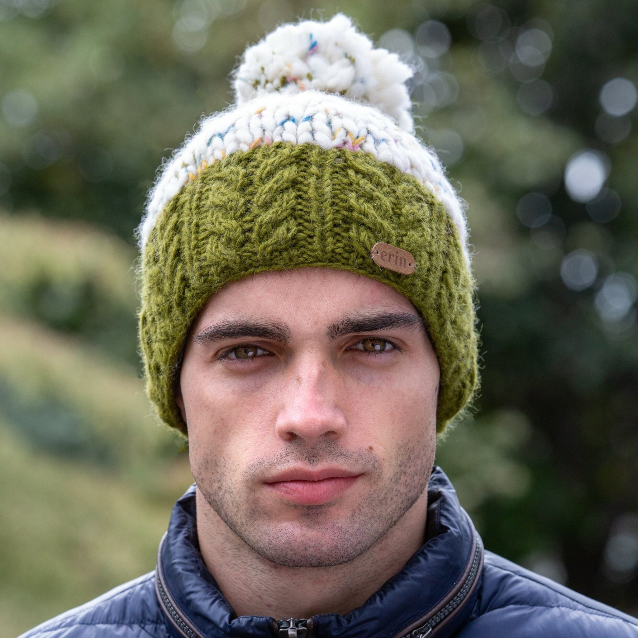 Uneven Wool Bobble Hat Flecked Green