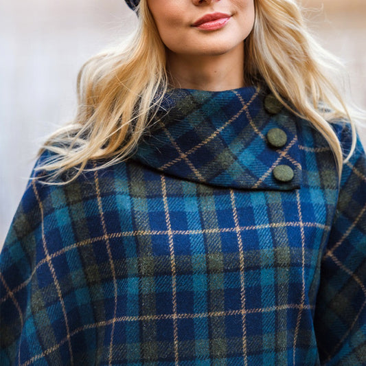 Mucros Tweed Poncho - Navy Sky & Green