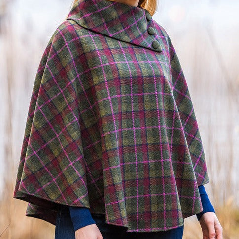 Mucros Tweed Poncho - Green Red Pink