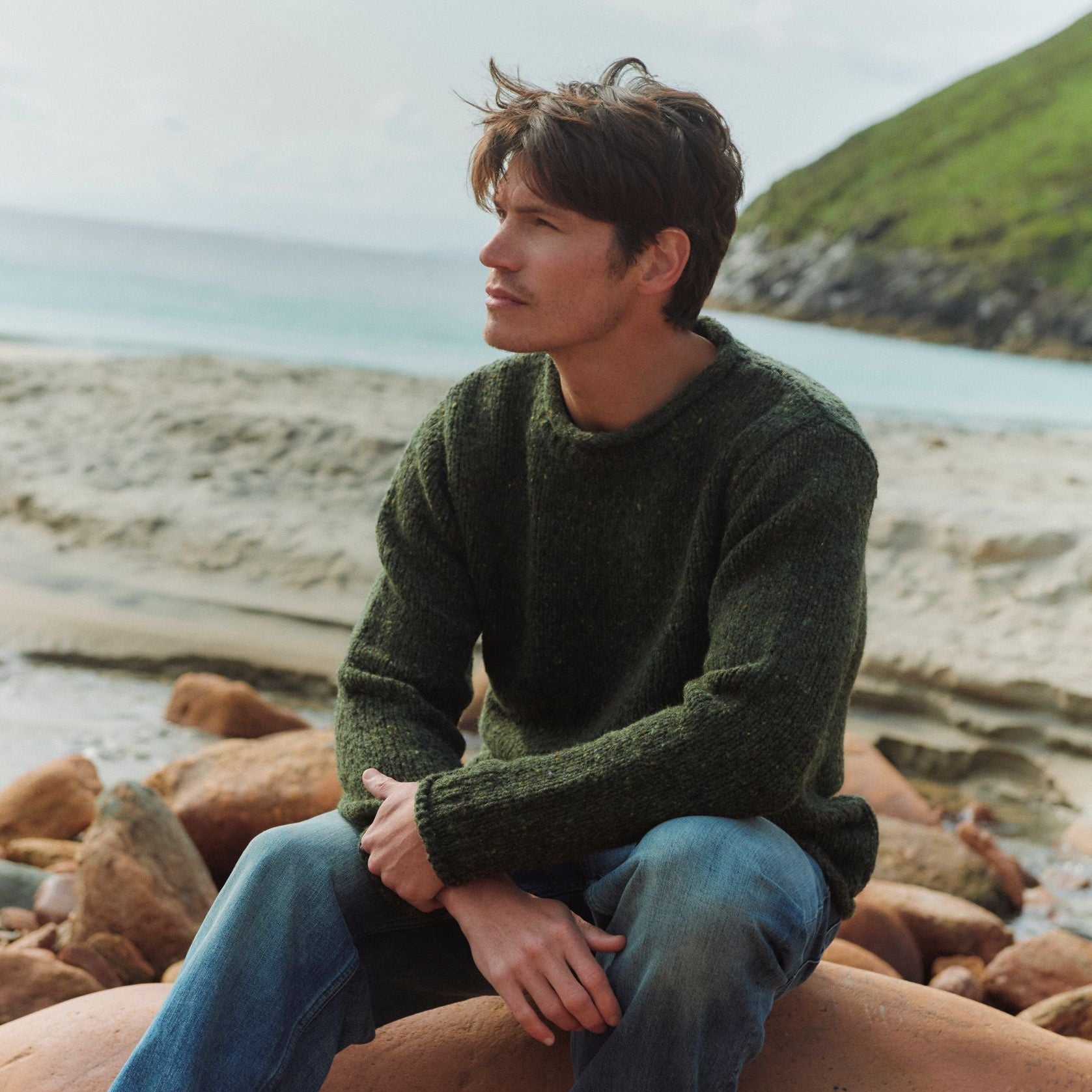 Raheen Tweed Forest Green Roll Neck Mens Sweater