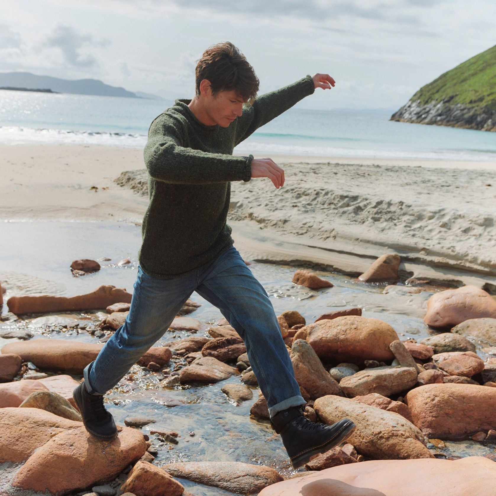 Raheen Tweed Forest Green Roll Neck Mens Sweater