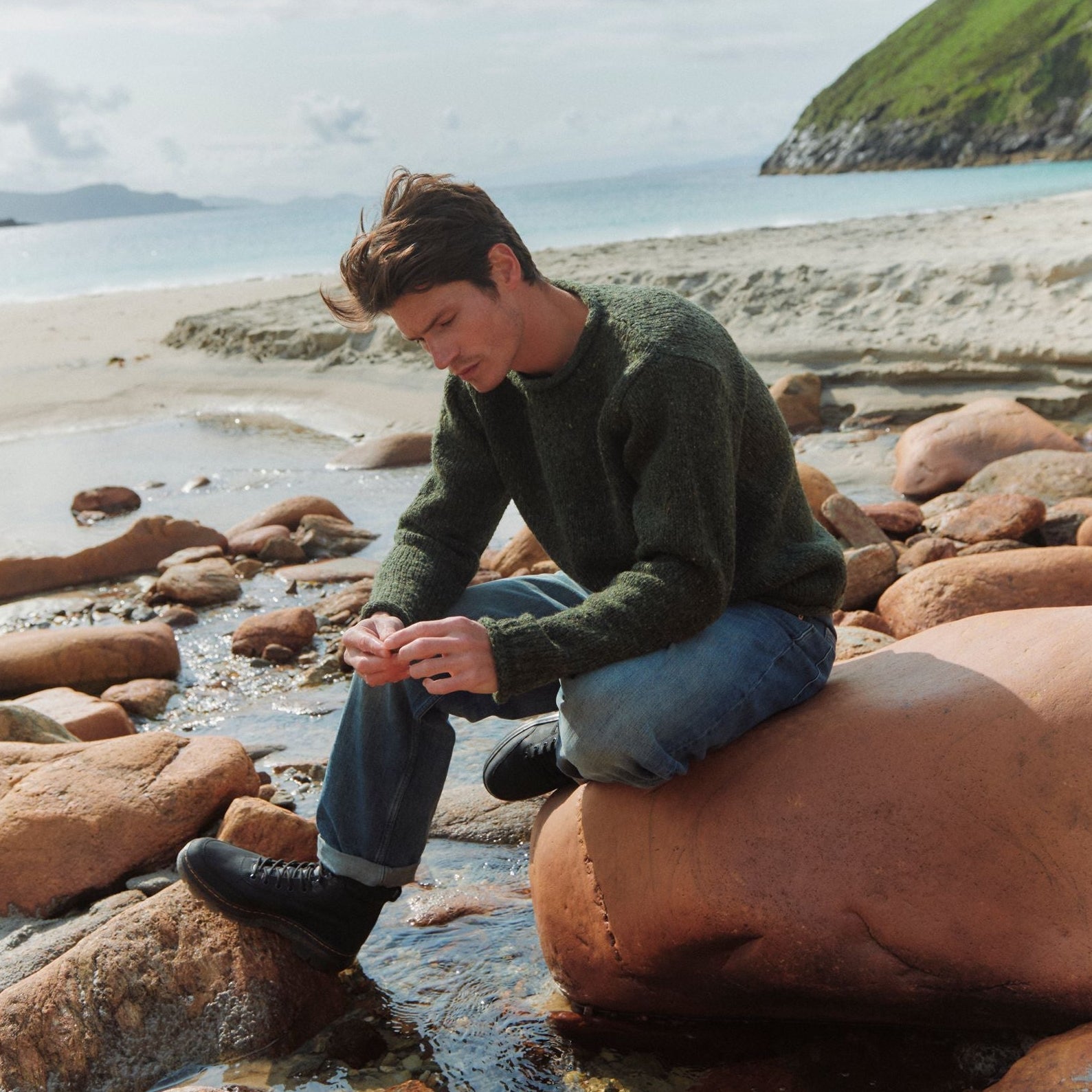 Raheen Tweed Forest Green Roll Neck Mens Sweater