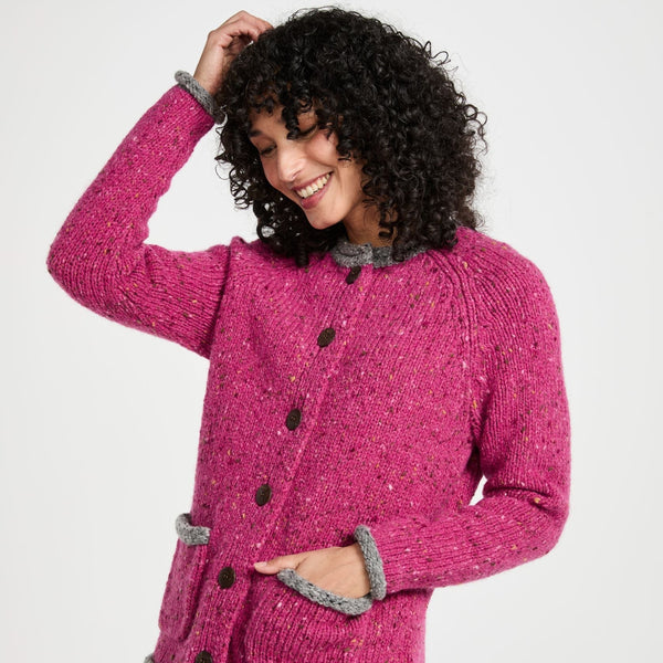 Glenariff Ladies Raglan Donegal Tweed Pink/Grey Cardigan