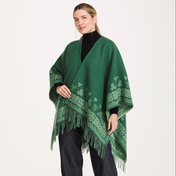 Ladies Green Aran Shawl with Celtic Swirl