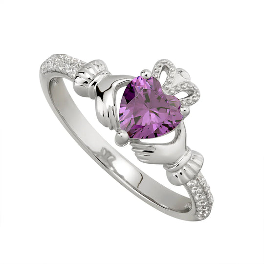 February Birthstone Silver Claddagh Ring