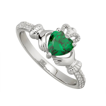 May Birthstone Silver Claddagh Ring