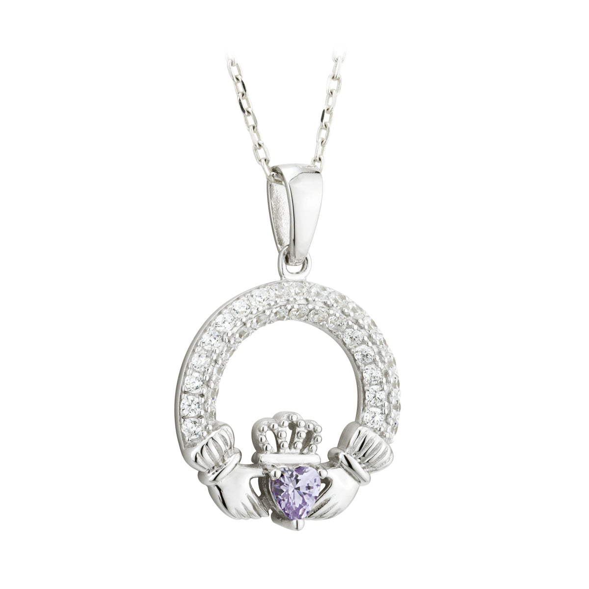 June Birthstone Amethyst Silver Claddagh Pendant