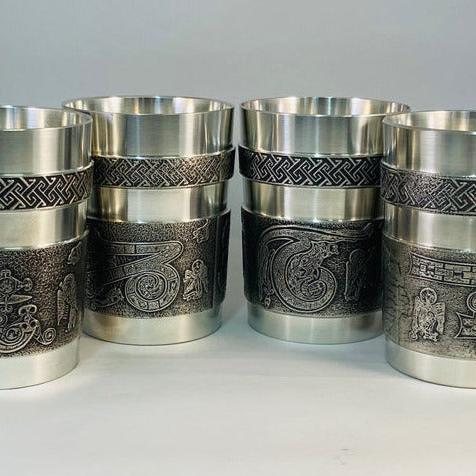 Mullingar Pewter Set of 4 Beakers each with a Book of Kells letter