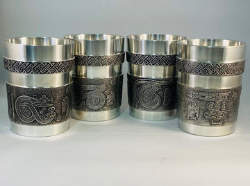 Mullingar Pewter Set of 4 Beakers each with a Book of Kells letter