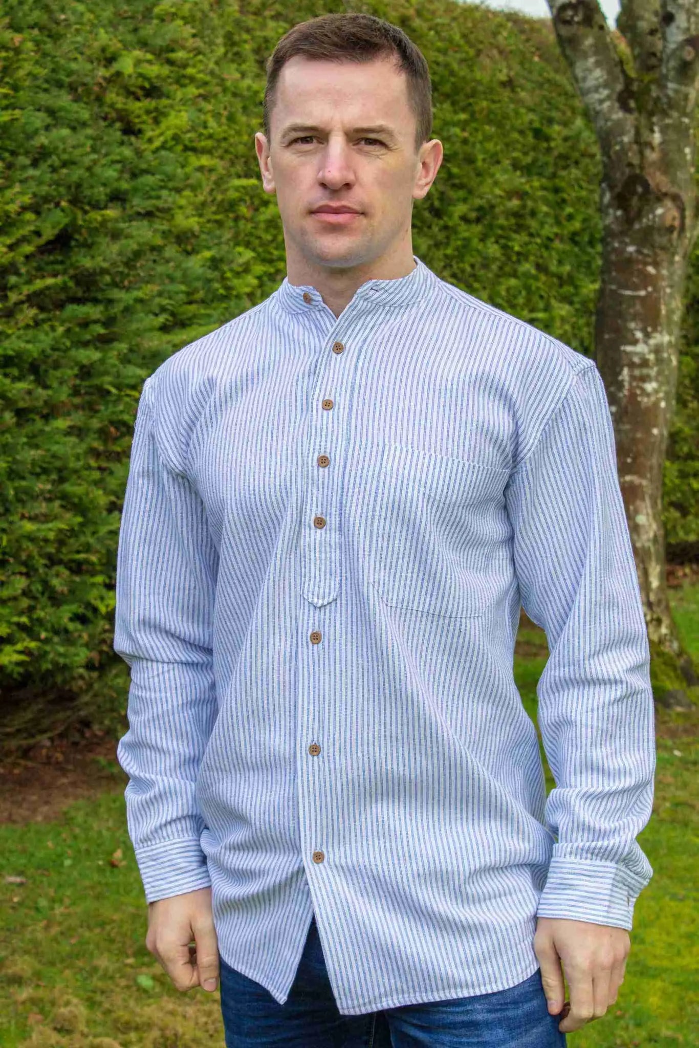 White Irish Grandfather Shirt with Azure Blue Stripes